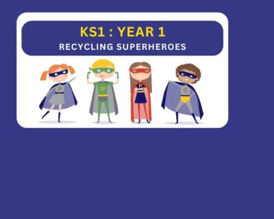 Graphic to download educational resources with a recycling superhero theme