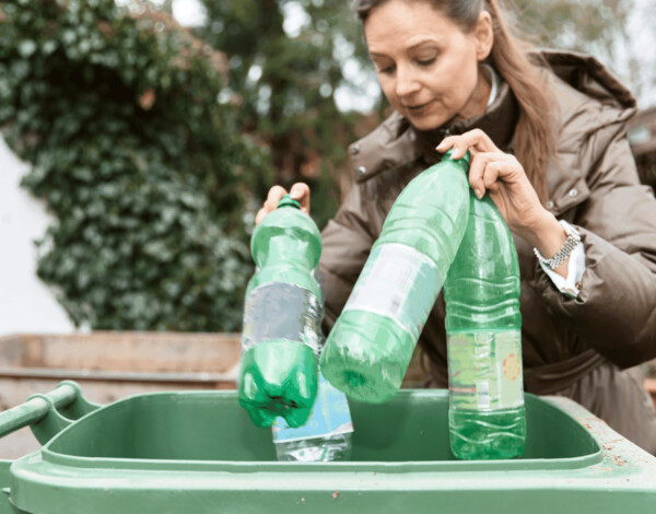 Lady putting plastic bottles in to recycling bin